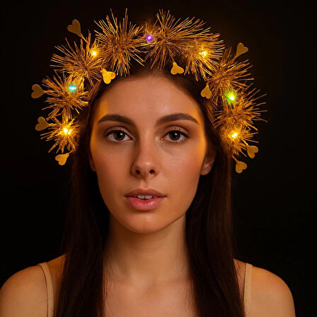 Kalp Püsküllü Gece Parıltısı 3 Modlu LED&amp;#39;li Işıklı Taç Altın Renk