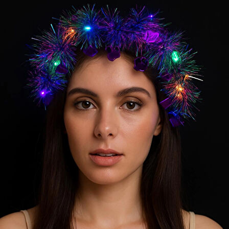 Kalp Püsküllü Gece Parıltısı 3 Modlu LED&amp;#39;li Işıklı Taç Mor Renk