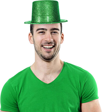 Yeşil Renk Parıltılı Simli Fötr Silindir Parti Şapkası