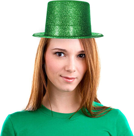 Yeşil Renk Parıltılı Simli Fötr Silindir Parti Şapkası