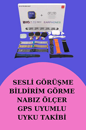 Akıllı Saat Bluetooth Kulaklık Hediyeli Bildirim Görme Sesli Görüşme Çoklu Kordon