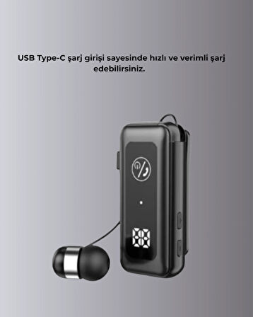 İçi Sarılabilen Kablo ve Yaka Klipsli Bluetooth Kulaklık