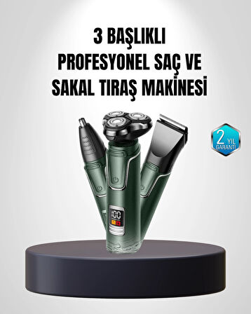 3D Akıllı Kesim Teknolojili Şarjlı Tıraş Seti – 3 Başlıklı, Paslanmaz Çelik Bıçaklı