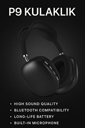 P9 Bluetooth 5.0 Kablosuz Siyah Kulaklık Mikrofonlu Uzun Pil Yüksek Bass ANC