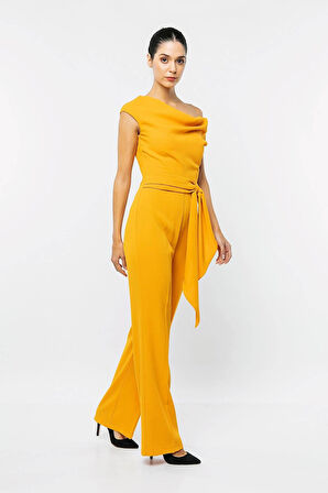 Tek Omzu Açık Beli Kuşaklı Tulum-Sarı-40