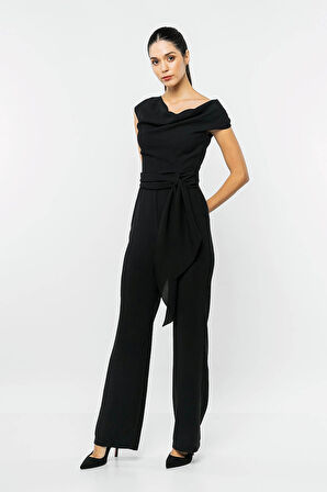 Tek Omzu Açık Beli Kuşaklı Tulum-Siyah-40