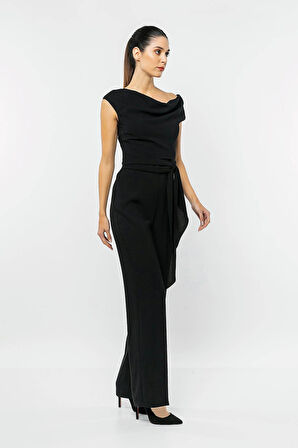 Tek Omzu Açık Beli Kuşaklı Tulum-Siyah-40