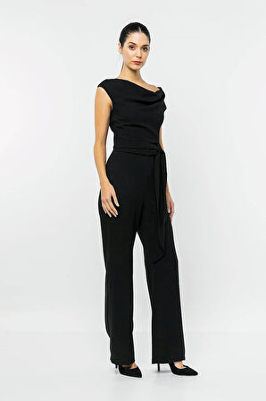 Tek Omzu Açık Beli Kuşaklı Tulum-Siyah-40