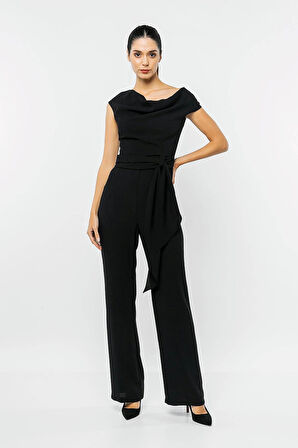 Tek Omzu Açık Beli Kuşaklı Tulum-Siyah-42