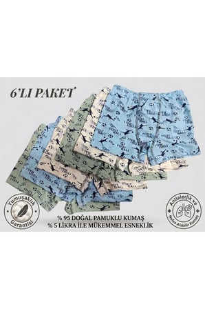 Erkek Çocuk 6'Lı Paket Likralı Pamuk Rahat Desenli Boxer