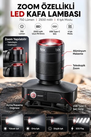 Zoomlu Şarjlı Kafa Lambası LED Kafa Feneri 10W 750 Lümen Güçlü 2500 mAh Kamp IPX5 Su geçirmez