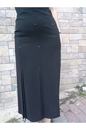 Tesettür Büyük Beden Deri Detaylı Astarl 3 Pileli Portoriko Kumas Anne Eteği