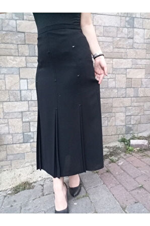 Tesettür Büyük Beden Deri Detaylı Astarl 3 Pileli Portoriko Kumas Anne Eteği