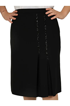 Kısa Büyük Beden Payet Detaylı Pileli Astarlı Portoriko Kumaş Etek