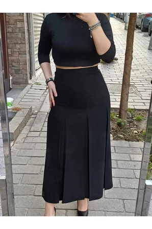 Tesettür Büyük Beden Fişekli Astarlı Portoriko Kloş Anne Eteği Urun Boy 95 Cm