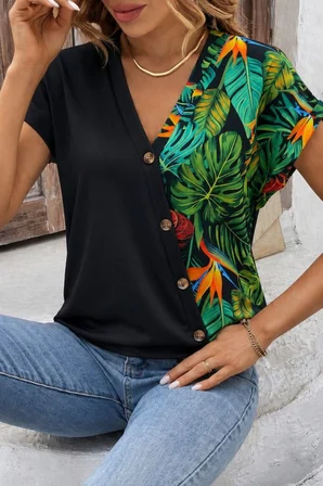 Siyah Çiçek Desenli Günlük Boho V Yaka Bluz