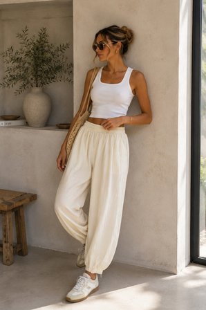 Bej Günlük Boho Sokak Tarzı Jogger Pantolon