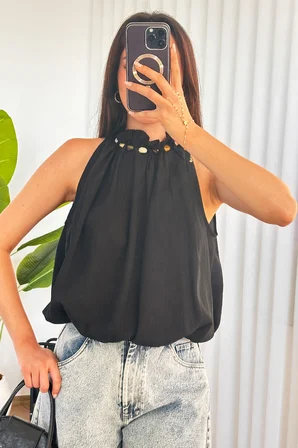 Siyah Bluz – Kolsuz Halter Yaka  Zarif  Gündelik