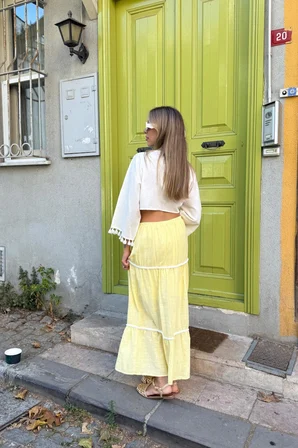 Beyaz Gündelik Boho Seksi Zarif V Yaka Crop Bluz
