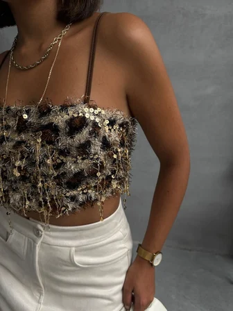 Altın Payet Dar Kalıp Crop Bluz