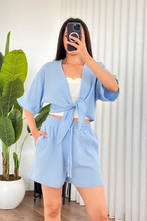 Mavi Gündelik Crop V Yaka Yarım Kollu Bluz