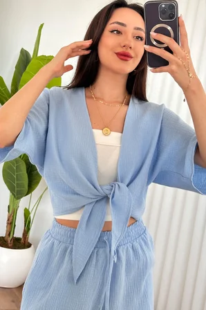 Mavi Gündelik Crop V Yaka Yarım Kollu Bluz
