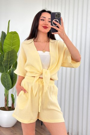 Sarı Günlük Boho V Yaka Bluz