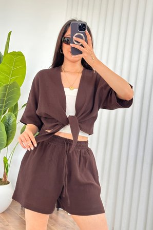 Kahverengi Bol Kesim V Yaka Crop Bluz