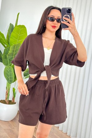 Kahverengi Bol Kesim V Yaka Crop Bluz