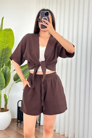 Kahverengi Bol Kesim V Yaka Crop Bluz