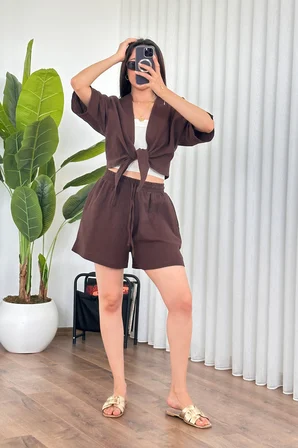 Kahverengi Bol Kesim V Yaka Crop Bluz