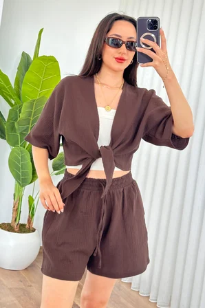 Kahverengi Bol Kesim V Yaka Crop Bluz