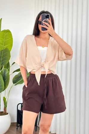 Bej Gündelik Boho Crop Bluz Derin Yaka İle