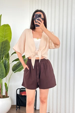 Bej Gündelik Boho Crop Bluz Derin Yaka İle