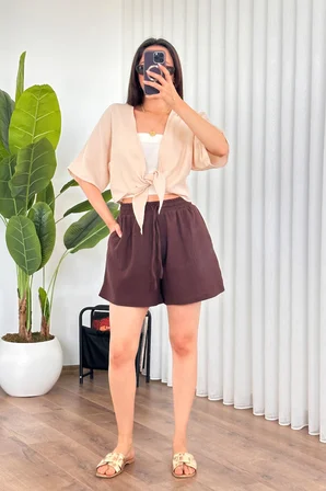 Bej Gündelik Boho Crop Bluz Derin Yaka İle