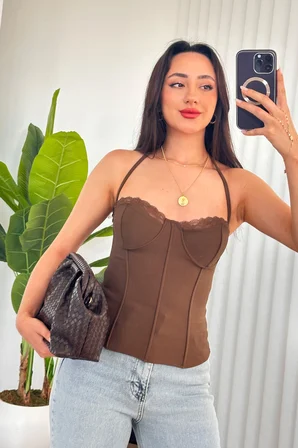 Kahverengi Seksi Ekstra Dar Kalıp Halter Yaka Bluz