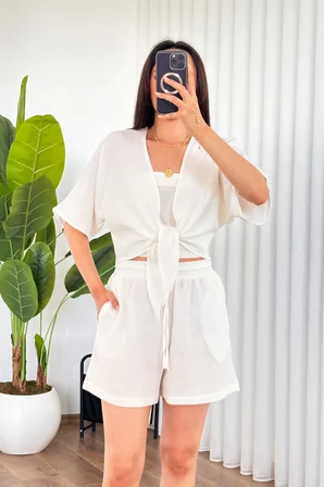 Beyaz Gündelik Boho V Yaka Bluz