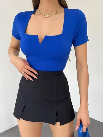 Mavi Extra Dar Kalıp Kare Yakalı Bluz