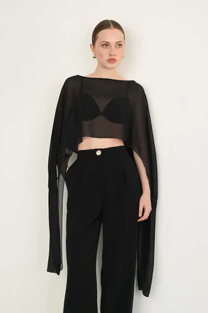 Siyah Zarif Crop Bluz Ekstra Uzun Kollarla
