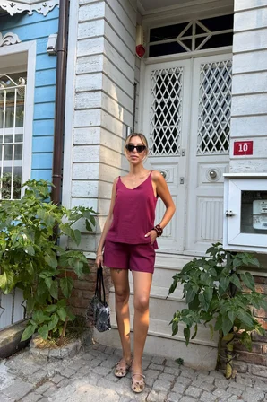 Bordo Bluz V Yakalı Ve Kolsuz Tasarım