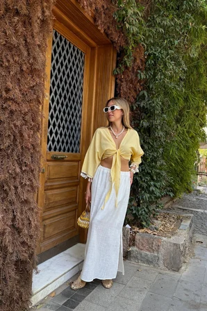 Sarı Boho Crop Bluz V Yakalı Ve 3/4 Düz Kollu