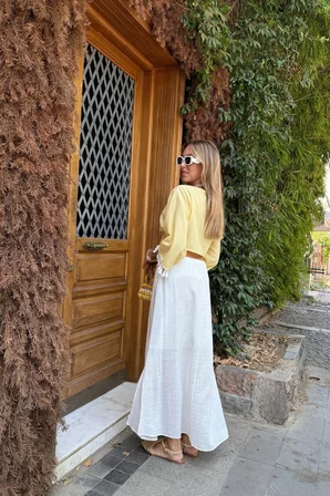 Sarı Boho Crop Bluz V Yakalı Ve 3/4 Düz Kollu