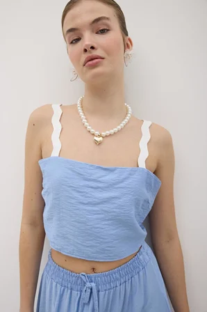 Askılı Su Taşı Desenli Crop Bluz Mavi