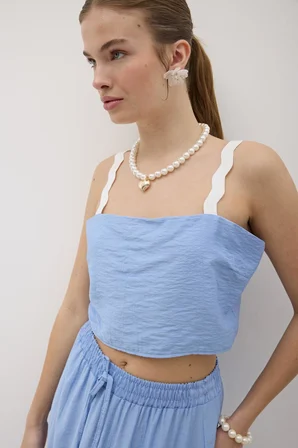 Askılı Su Taşı Desenli Crop Bluz Mavi