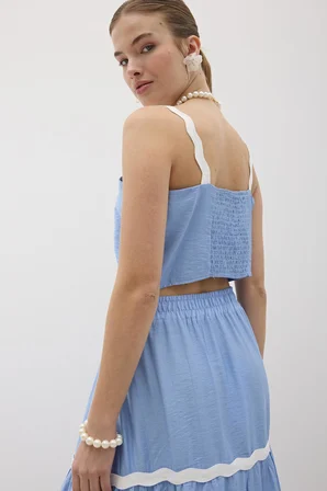 Askılı Su Taşı Desenli Crop Bluz Mavi