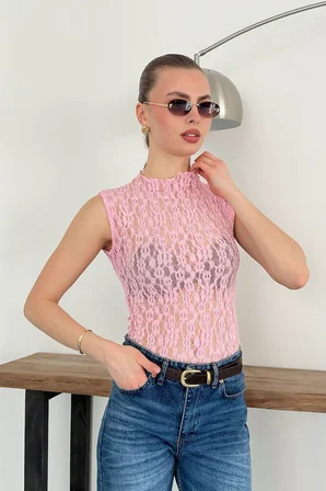 Sıfır Kol Dantel Bluz - Pembe