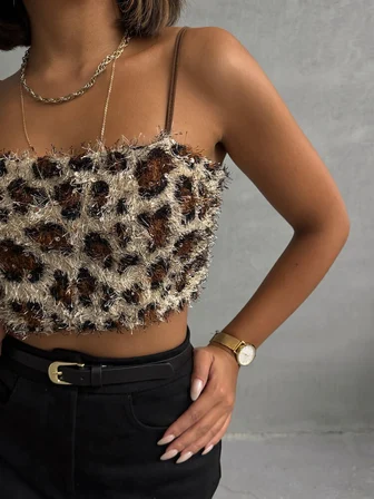 Kahverengi Seksi Ekstra Dar Crop Bluz Hayvan Baskılı