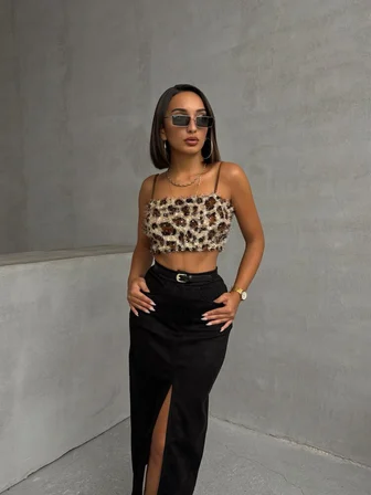 Kahverengi Seksi Ekstra Dar Crop Bluz Hayvan Baskılı