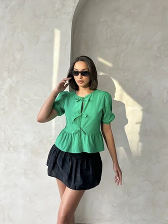 Zümrüt Önden Bağlamalı Poplin Toptan Bluz