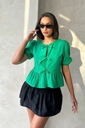 Zümrüt Önden Bağlamalı Poplin Toptan Bluz